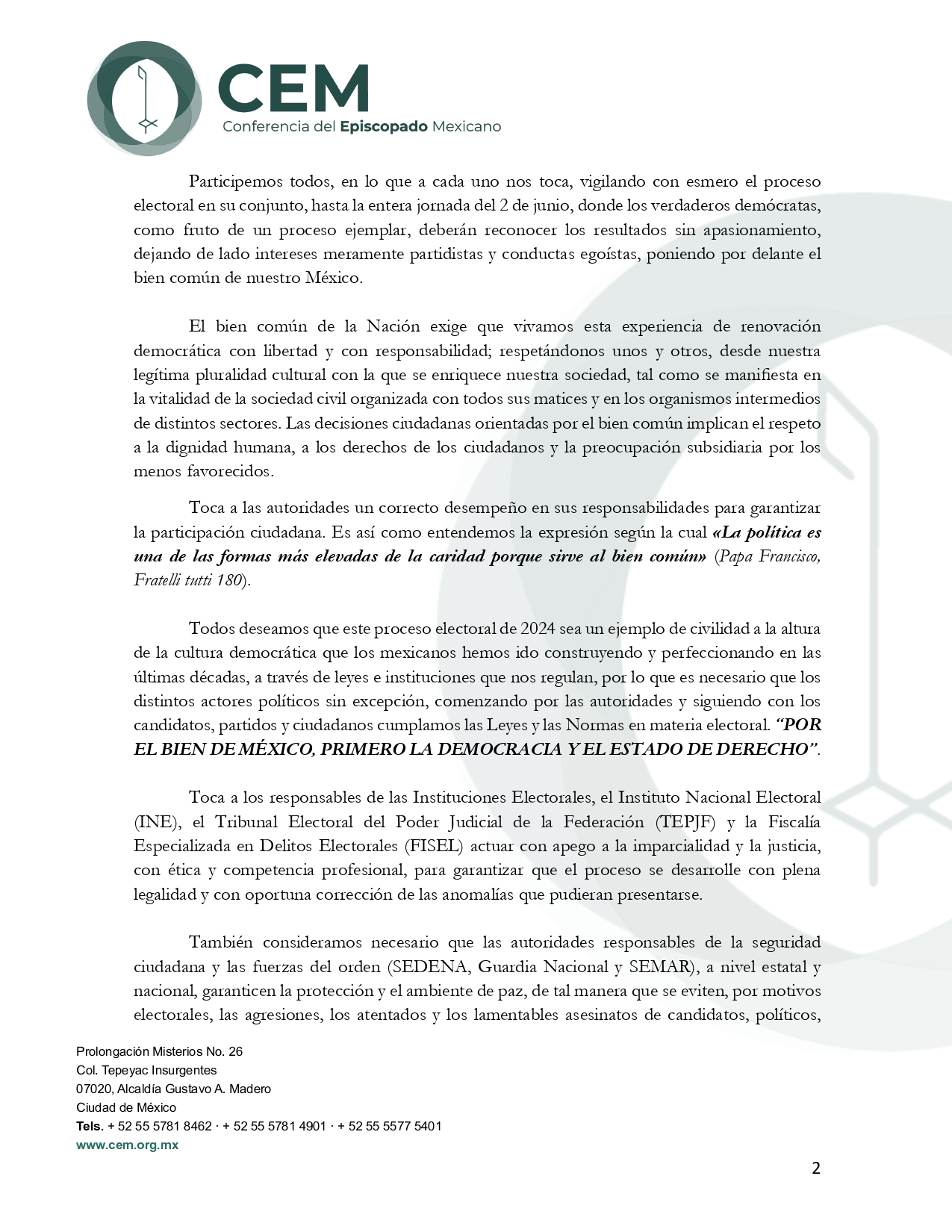 Mensaje de la CEM a la Nación Mexicana con motivo de los comisios del 2 de junio 2024. page 0002