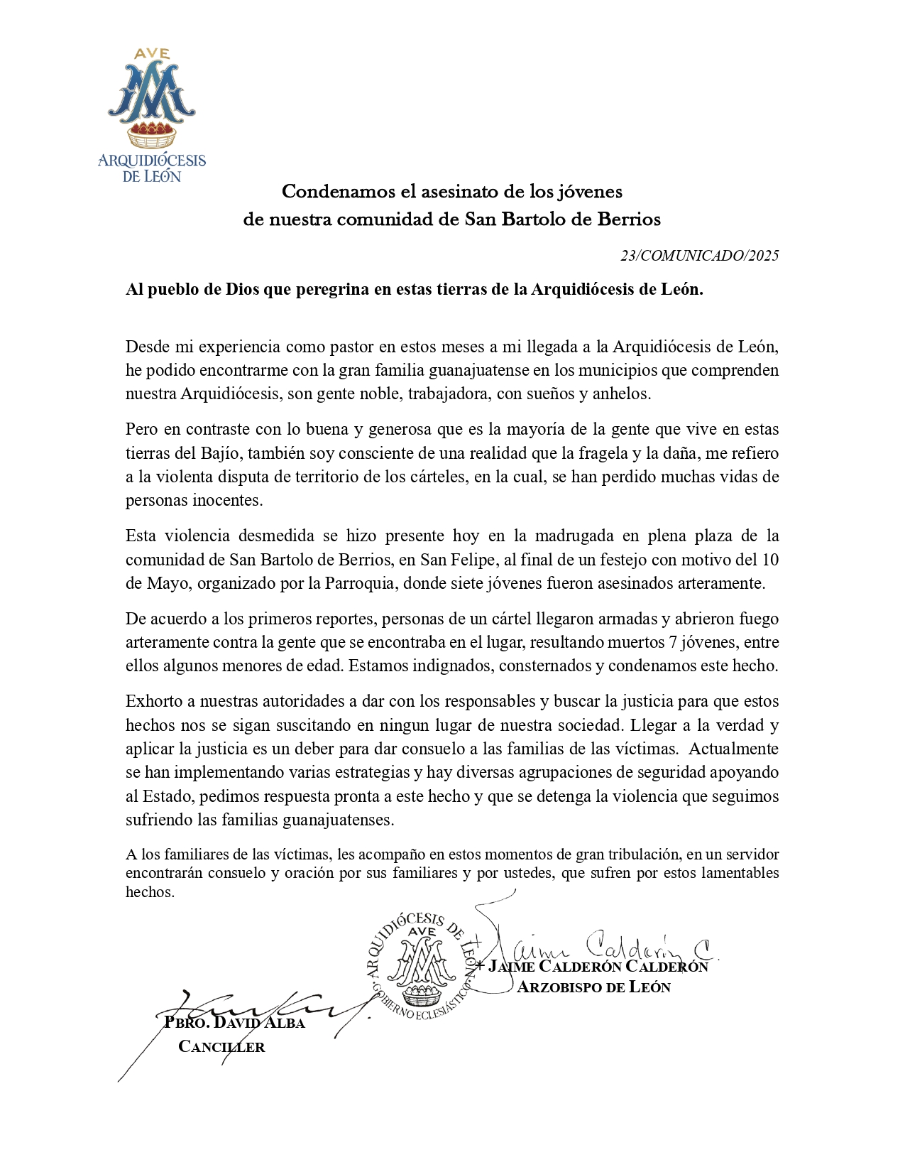 C 23 2025 Comunicado sobre el asesinato de jóvenes de nuestra comunidad de San Bartolo de Berrios page 0001