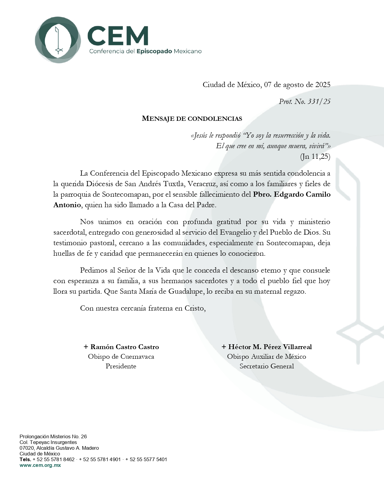 Condolencias P. Edgardo Diócesis San Andrés Tuxtla page 0001