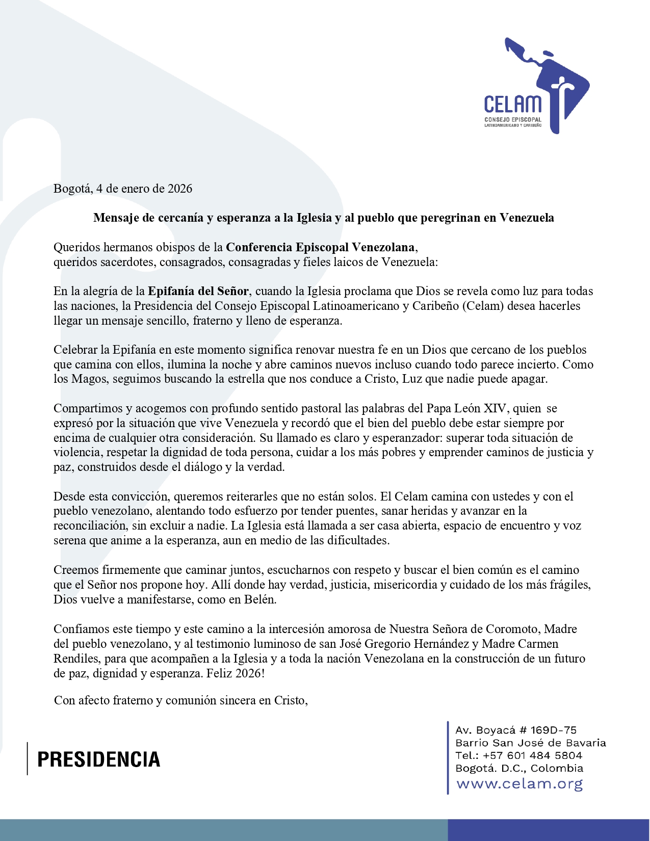 CELAM Mensaje a la Iglesia y al pueblo que peregrinan en Venezuela page 0001
