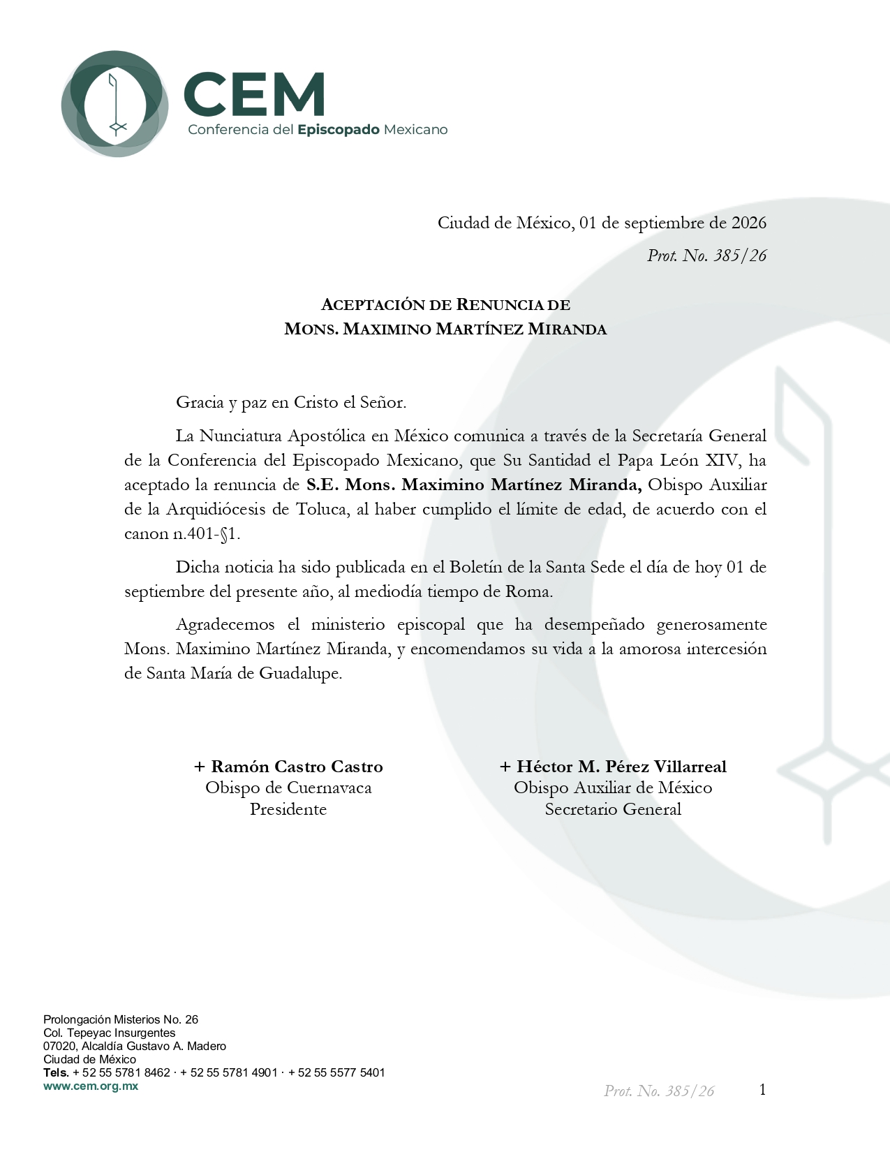 Comunicado aceptación de renuncia Mons. Maximino Martínez Miranda page 0001
