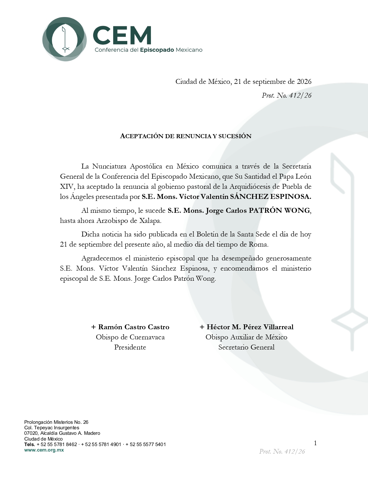 Renuncia y sucesión Arquidiócesis de Puebla page 0001