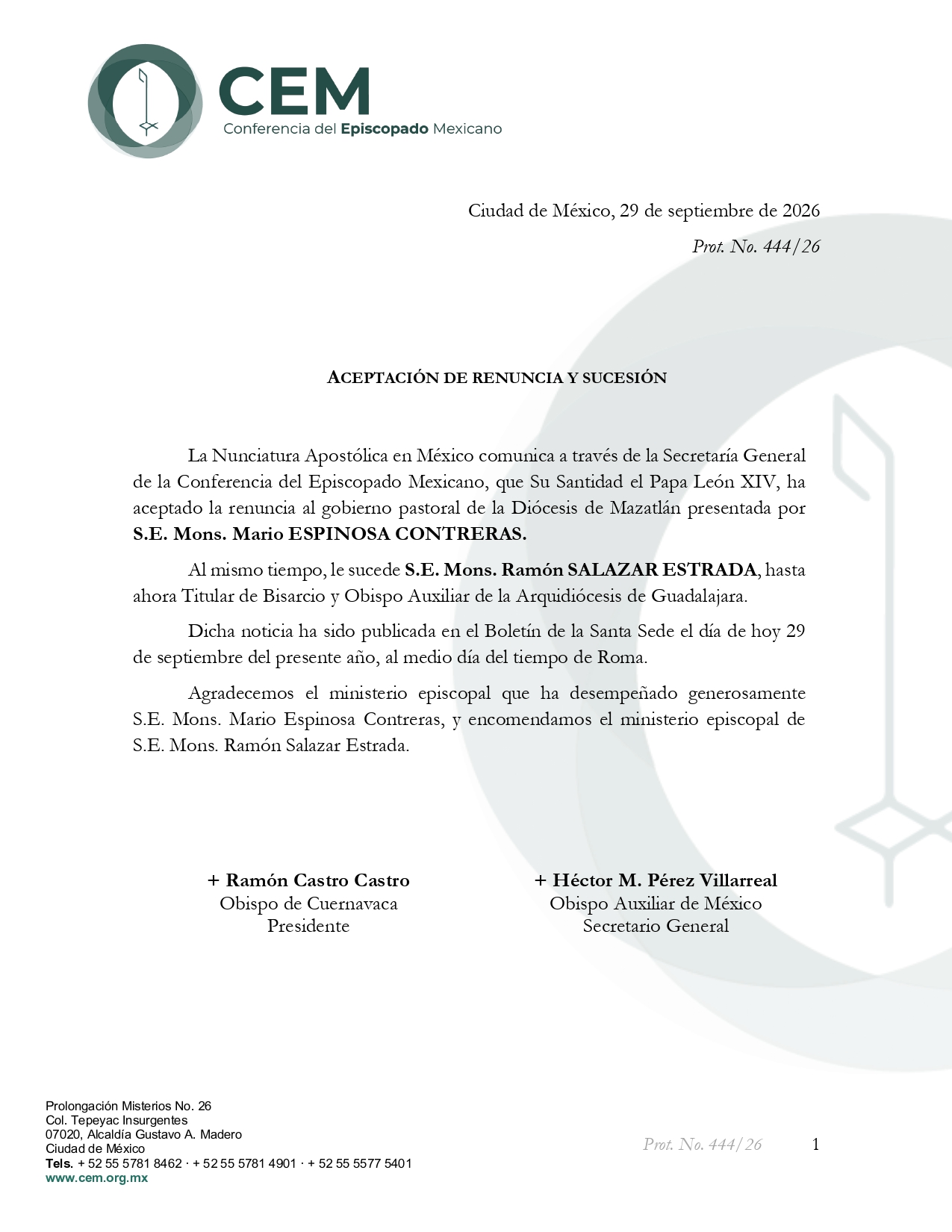 Aceptación de renuncia y sucesión Obispo de Mazatlán page 0001