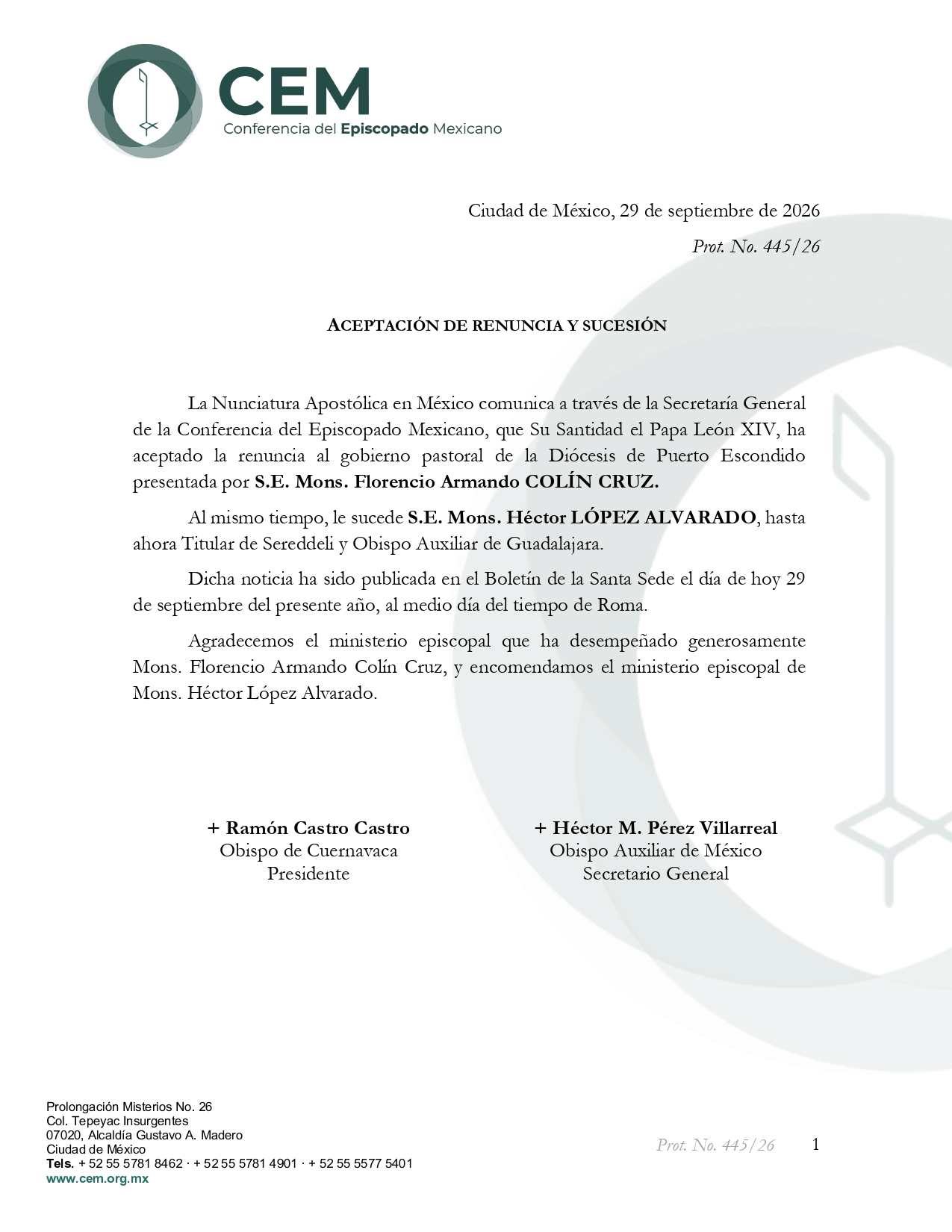 Aceptación de renuncia y sucesión Obispo de Puerto Escondido page 0001