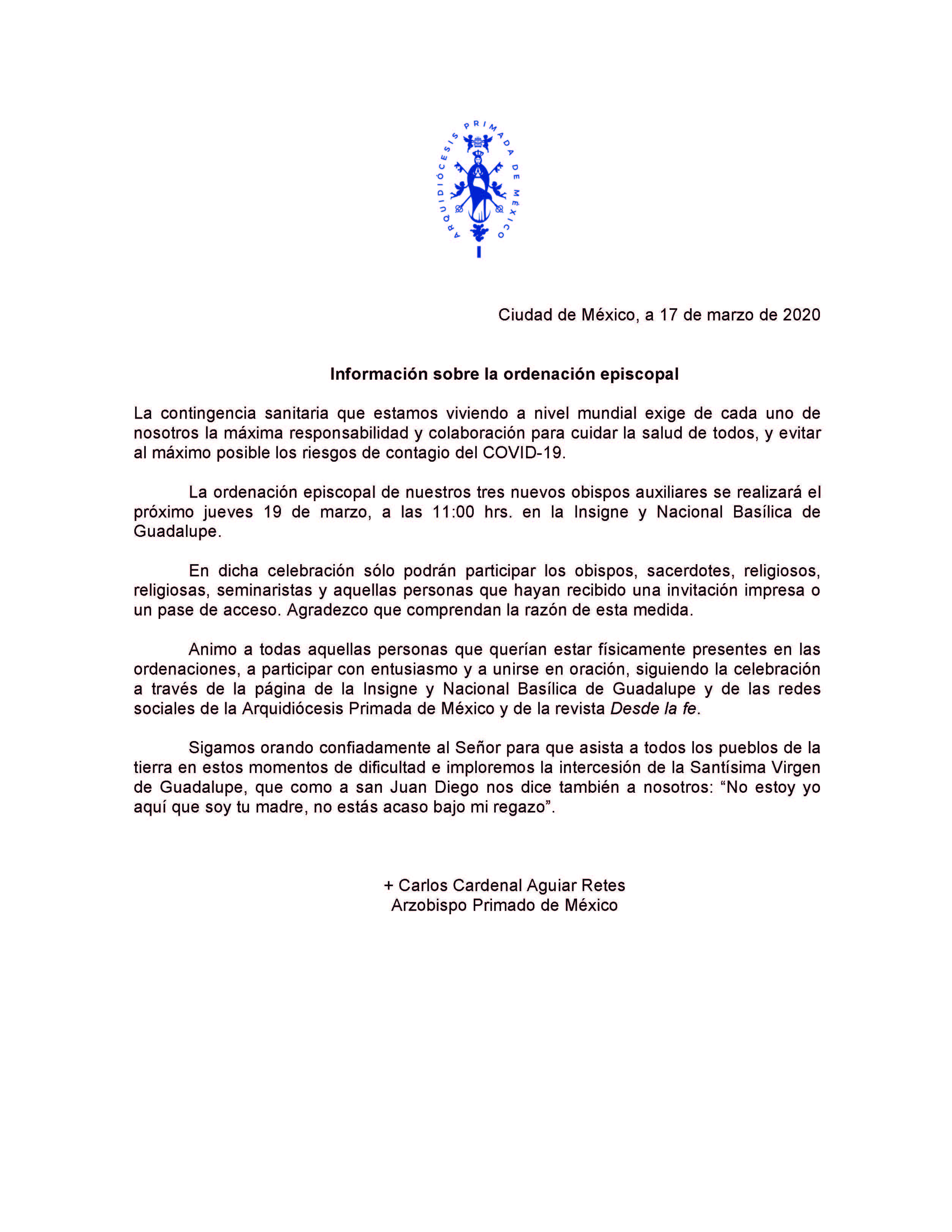 200317 Arquidiócesis Primada de México Comunicado ordenaciones episcopales