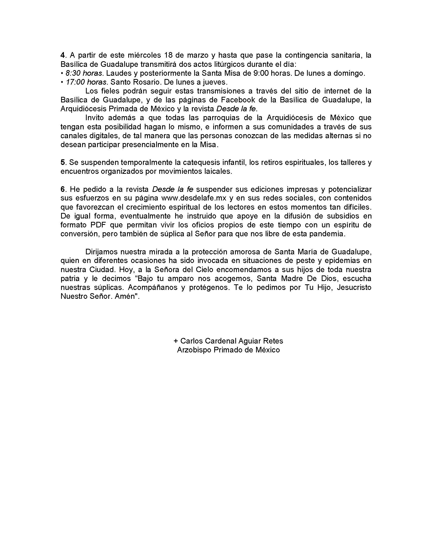 200317 Arquidiócesis Primada de México Comunicado Coronavirus Página 2