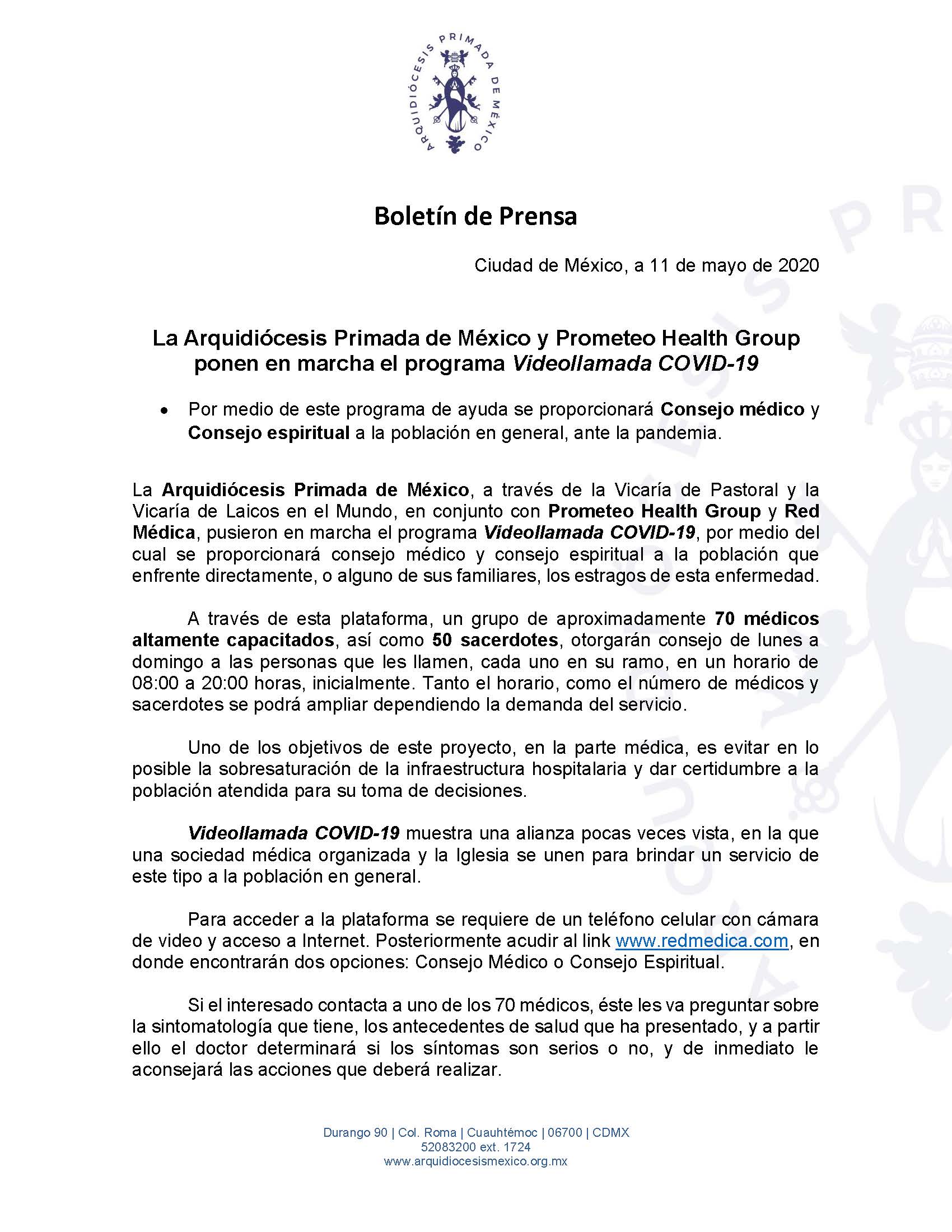 200511 Arquidiocesis Primada de Mexico Boletín Arquidiócesis Videollamada COVID19 Página 1