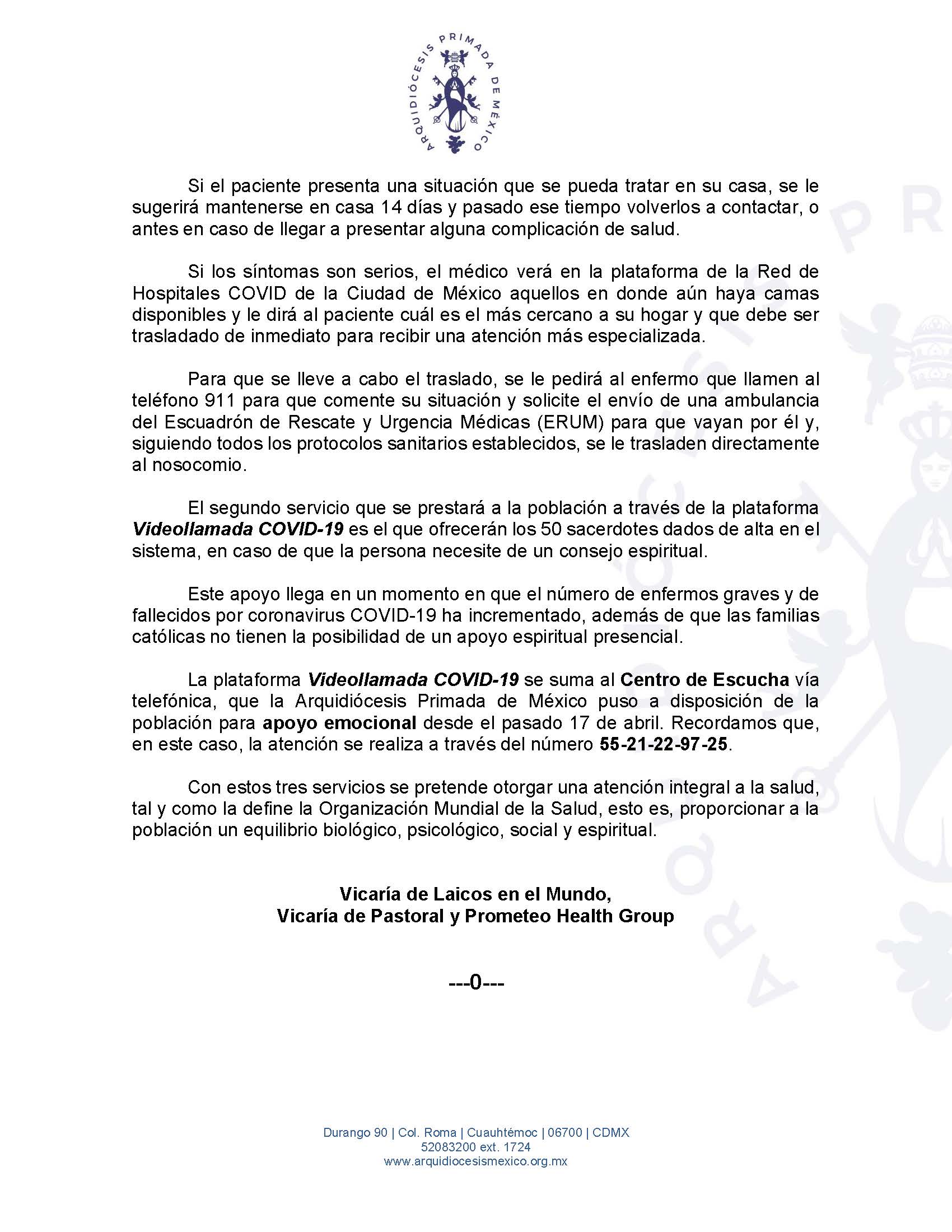 200511 Arquidiocesis Primada de Mexico Boletín Arquidiócesis Videollamada COVID19 Página 2