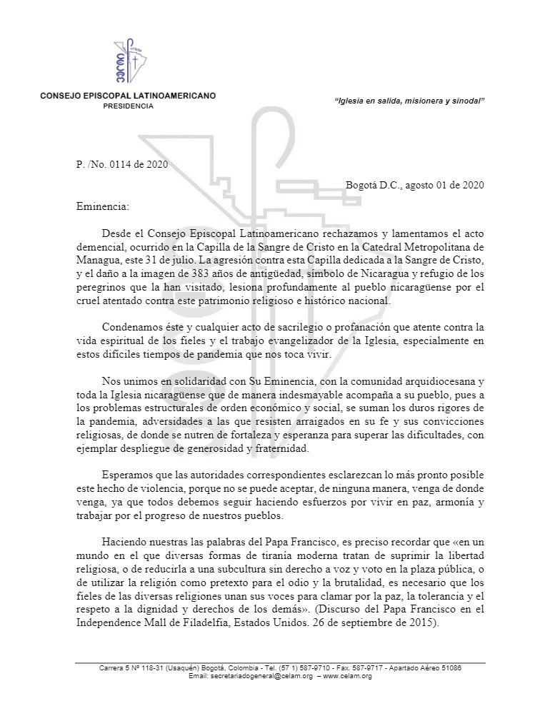 200801 Consejo Episcopal Latinoamericano Agresion Capilla de la Sangre de cristo 1